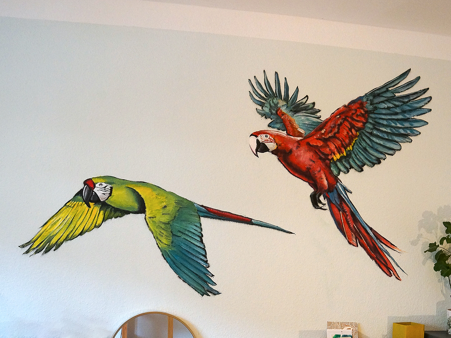 Zwei fliegende Papageien in einem Kinderzimmer in Münster. Kinderfreundliche Graffiti Gestaltung